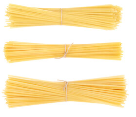 Collage bunch of pasta isolated on white background. spaghetti tied with rope