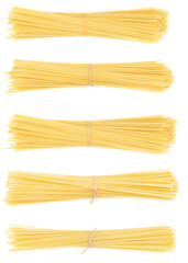 Collage bunch of pasta isolated on white background. spaghetti tied with rope