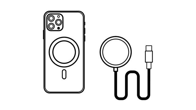Outline line drawing backside of modern smartphone, Wireless Charger, Cable Charge, USB Type-C Cable Smart Device icon Isolate on White Background.