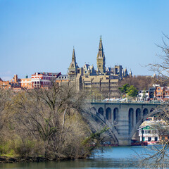 Skyline view of Georgetown Washington DC, with the Potomac River and Key Bridge