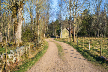 Winding gravel road in a rural country at spring