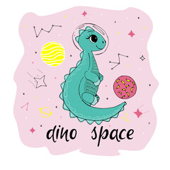 Cute cartoon dinosaur flying in space, t-shirt design with slogan. Vector illustration design for fashion fabrics, textile graphics, prints.