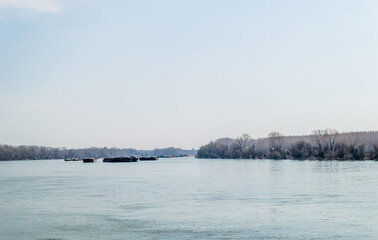 Anchored tankers on the Danube River, at the entrance from Petrovaradin to Novi Sad. 
