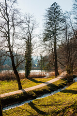 Arlesheim, Ermitage, See, Holzsteg, Steg, Wanderweg, Wald, Frühling, Winter, Abendsonne, Abendstimmung, Baselland, Schweiz