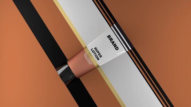 Rotating tube of lotion for cleaning skin pores. Realistic 3D animation of the flacon on an abstract striped background. Cosmetic product for women and stylists. Make-up and beauty concept.