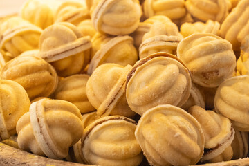 Nuts shaped homemade crunchy cookies with condensed milk