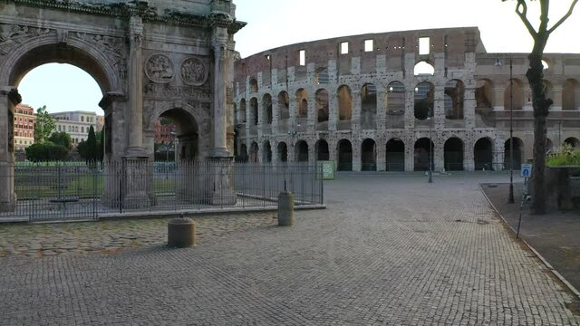 The Colosseum and the Arch of Constantine in Imperial Rome
Close up aerial view with vertical movement