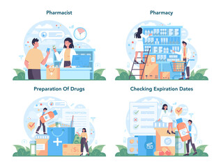 Pharmacy concept set. Pharmacist preparing and selling drugs