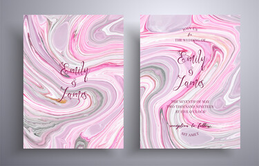 Set of acrylic wedding invitations with stone texture. Mineral vector cards with marble effect and swirling paints, pink, gray and white colors. Designed for greeting cards, brochures and etc