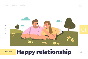 Happy relationship concept of landing page with young loving couple lying on green grass outdoors