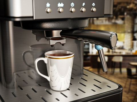 Coffee machine with a cup of fresh coffee. 3D illustration