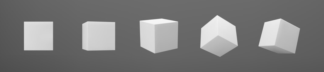 White 3d modeling cubes set with perspective isolated on dark background. Render a rotating 3d box in perspective with lighting and shadow. Realistic vector icon