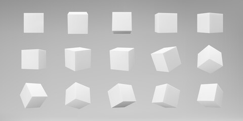 White 3d modeling cubes set with perspective isolated on grey background. Render a rotating 3d box in perspective with lighting and shadow. Realistic vector icon © janevasileva