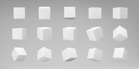 White 3d modeling cubes set with perspective isolated on grey background. Render a rotating 3d box in perspective with lighting and shadow. Realistic vector icon