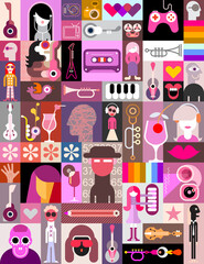 Illustration vectorielle Pop Art Collage Collage vectoriel pop art de personnages, d& 39 avatars de personnes, de différents objets et de formes abstraites. Peut être utilisé comme arrière-plan transparent.