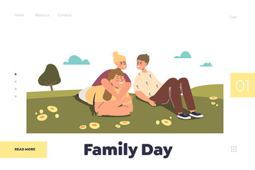 Family day concept of landing page with mom with kids outdoors lying on green grass together