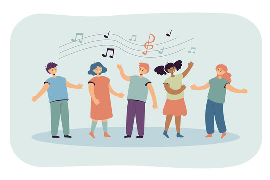 Children Singing Songs. Choir Of Boys And Girls In Church Or Vocal Group In Music School. Vector Illustration For Leisure Activities, Friendship, Music Concept