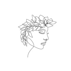 Woman Head with Flowers Line Vector Drawing. Style Template with Female Face with Flowers. Modern Minimalist Simple Linear Style. Beauty Fashion Design