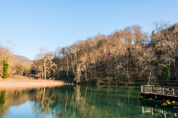Arlesheim, Ermitage, See, Holzsteg, Steg, Wanderweg, Wald, Frühling, Winter, Abendsonne, Abendstimmung, Baselland, Schweiz
