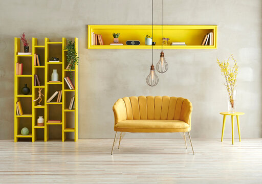 Grey Concrete Wall Background, Yellow Living Room Sofa Niche And Bookshelf With Lamp Concept.