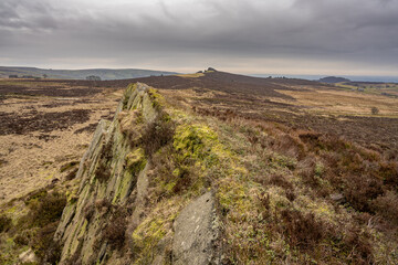 Naklejka premium Bleak winter panoramic view of Baldstone, and Gib Torr in the Peak District National Park.