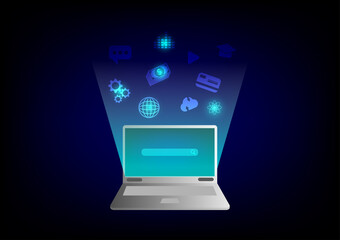 Internet is everything concept. Laptop or computer notebook with business, learning, and technology icon with light ray. Internet connection and network. Communication and online global.