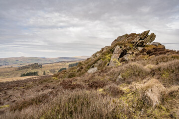 Bleak winter panoramic view of Baldstone, and Gib Torr in the Peak District National Park.