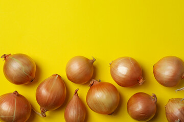 Ripe fresh onion on yellow background, space for text