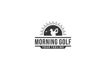 Morning golf logo with illustration of golf player and morning sun