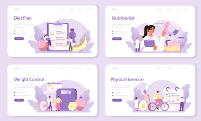 Nutritionist web banner or landing page set. Nutrition therapy with healthy food
