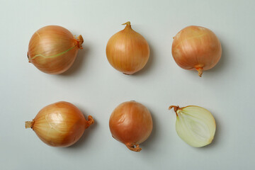 Flat lay with fresh ripe onion, top view