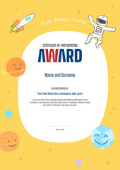 Kids Diploma or certificate template with colorful background for kid camp