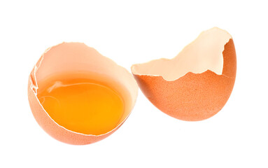 Chicken egg raw broken with yellow liquis yolk isolated on white