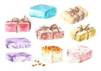 Natural handmade soap set. Watercolor hand drawn illustration, isolated on white background
