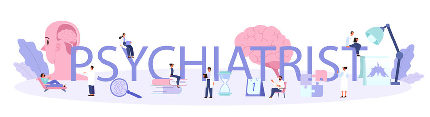 Psychiatrist typographic header. Mental health diagnostic. Doctor treating