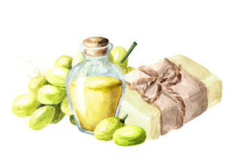 Natural handmade soap with Grape Seed oil. Watercolor hand drawn illustration, isolated on white background