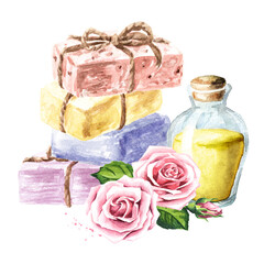 Natural handmade soap, with essential oil and rose flower. Watercolor hand drawn illustration, isolated on white background