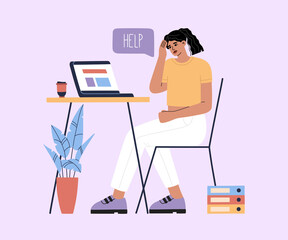 Fototapeta premium Young girl tired of hard working, sad because of work, woman at office sits by the table with laptop and has a cup of coffee and procrastinating, unhappy person overworked. Modern trendy illustration