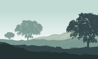 A hazy morning atmosphere with views of the mountains and shady trees around it. Vector illustration
