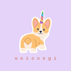 Sticker of adorable kawaii corgi unicorn with colourful rainbow horn, little magic pet dog with cute smiling face. Friendly standing puppy. Hand drawn trendy modern illustration in flat cartoon style