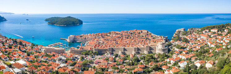 Naklejka premium Aerial panorama view of Dalmatia Coastline in Dubrovnik with view of Lokrum island in Croatia summer morning