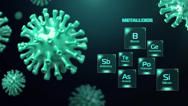 Chemical elements of the periodic table. Classification metalloids. Turquoise glowing elements of Mendeleev's table with typing name and runing atomic weight and number. Virus cells on background.