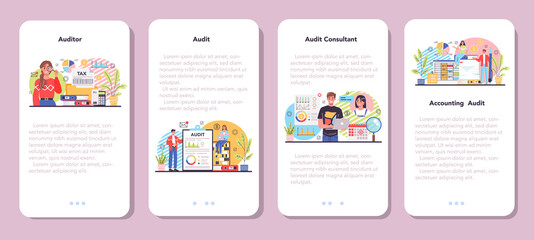 Auditor mobile application banner set. Business operation specialist