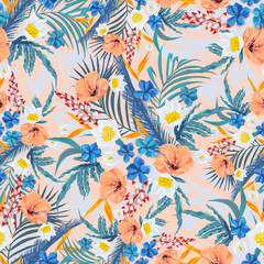 Fototapeta na wymiar Beautiful tropical foliage. Seamless print design. Surface pattern with exotic floral motif.