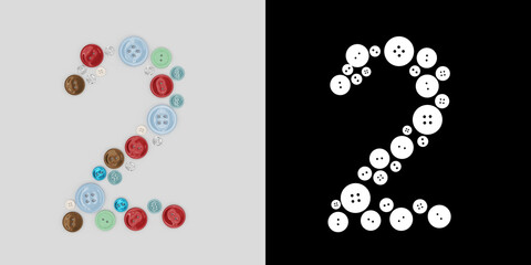 Symbol 2 of sewing buttons. 3D visualization. 3D render.