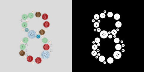 Symbol 8 of sewing buttons. 3D visualization. 3D render.