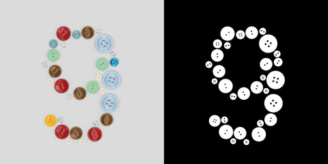 Symbol 9 of sewing buttons. 3D visualization. 3D render.