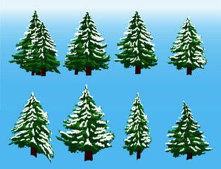 Set of snowy fir trees in the winter.  New year design elements. Vector illustration isolated on blue background.