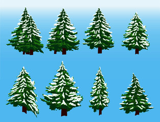 Obraz premium Set of snowy fir trees in the winter. New year design elements. Vector illustration isolated on blue background.