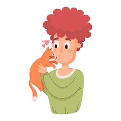 Happy pet owner. A boy plays with a cat, holding it in his arms. Vector cartoon illustration